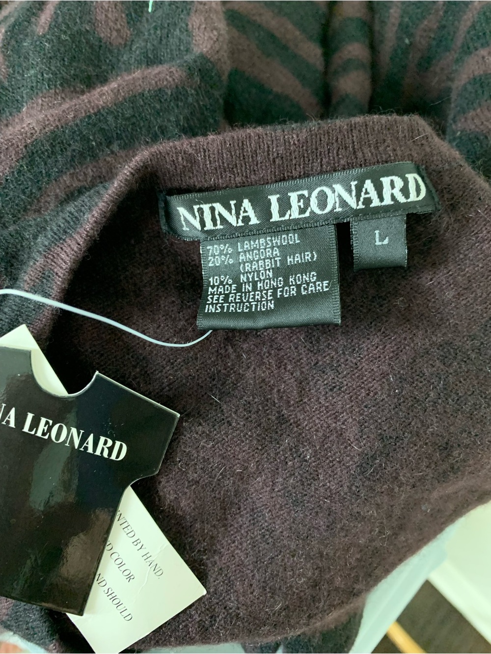 NWT Nina Leonard Vtg Wool Angora Animal Print Cardigan Sweater Women’s L Brown - Picture 5 of 13